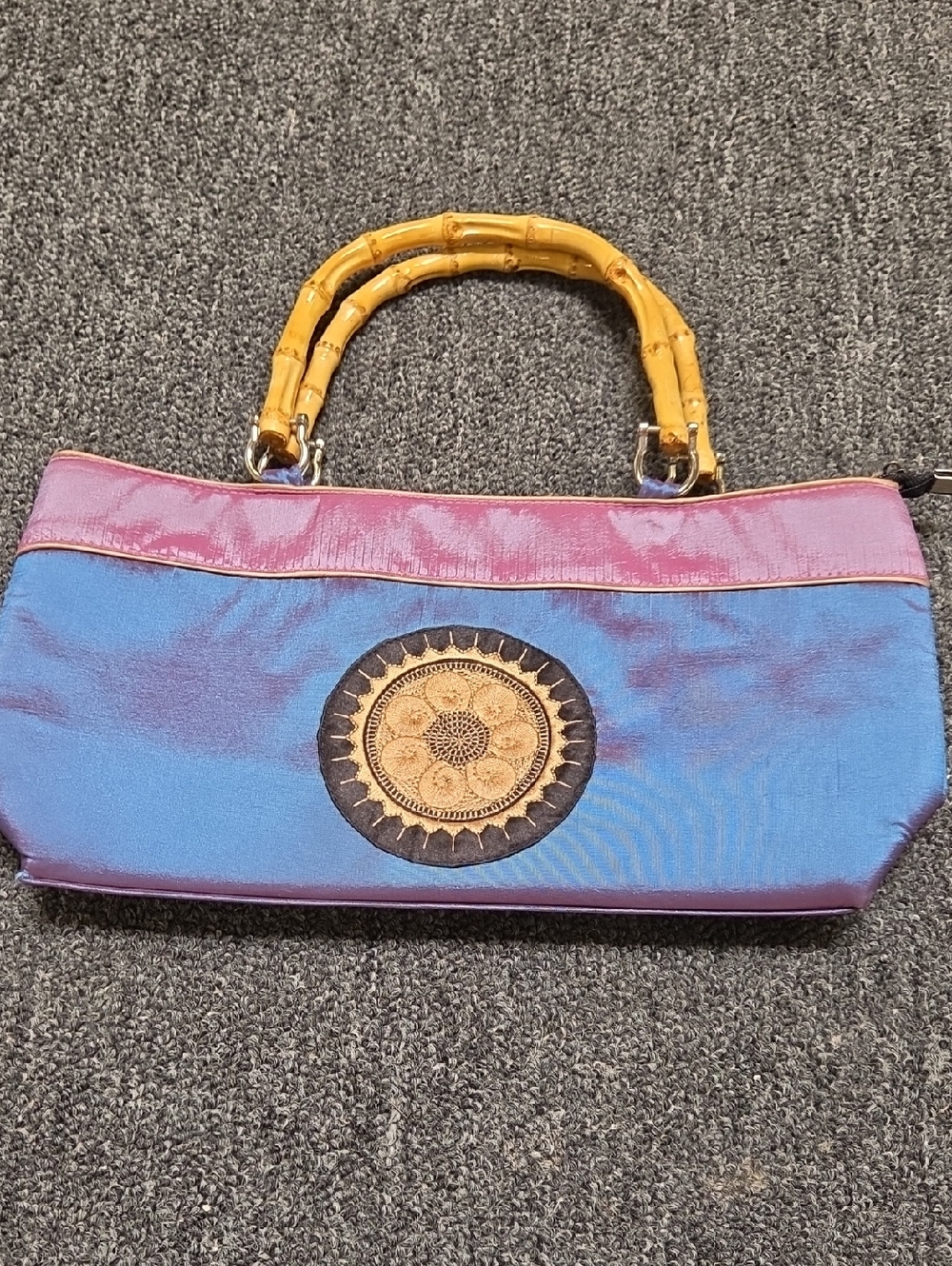 Blue and Pink Satin Handbag with Yellow Bamboo Handles